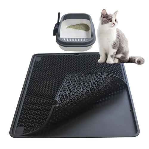 Silicone Cat Litter Mat Urine& Waterproof Litter Mat Double Layer Litter Trapping Mat for Cat Litter Box.Cat Litter Catcher Mat .(black)